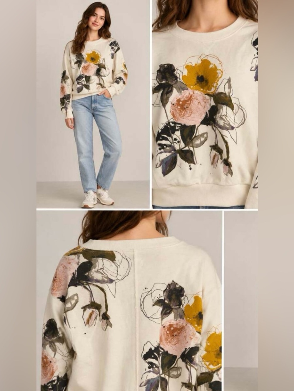 Pilcro - Anthropologie The Niki Bubble Cream Floral Sweatshirt Women's Size L